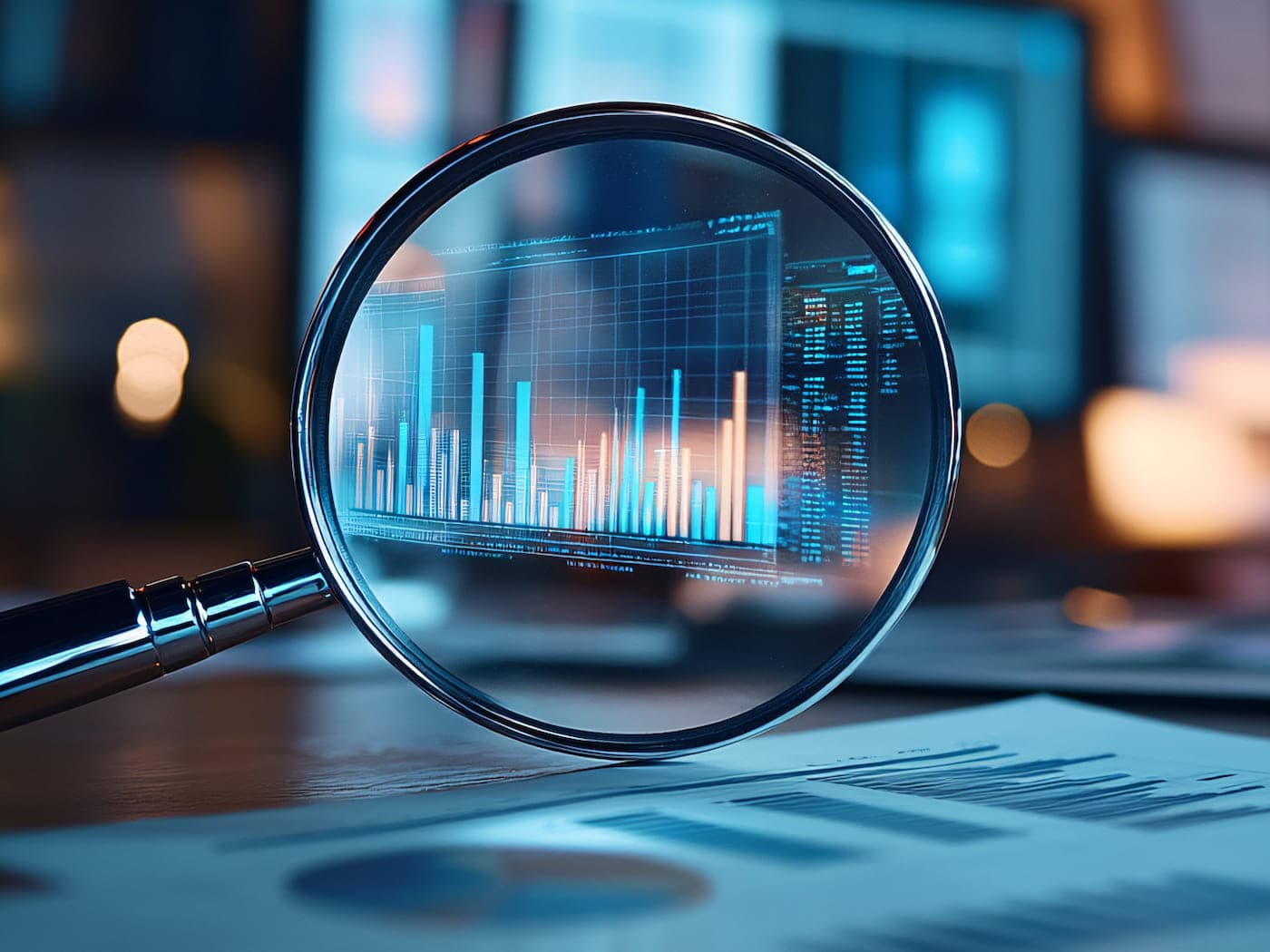 Close-up analysis of financial chart data through a magnifying glass.